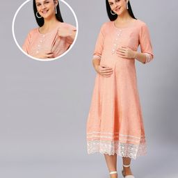 Dummy Shape Three Fourth Sleeves Textured Lace Work Detailed Flared Maternity Kurta With Concealed Zipper Nursing Access - Orange-67