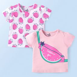 Doodle Poodle Single Jersey Knit Half Sleeves Tropical Theme Printed T-Shirts Pack Of 2 - Pink White-picture-29