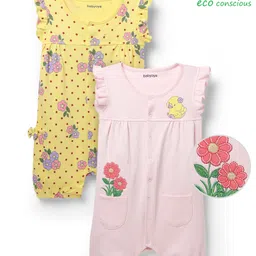 Babyoye Cotton Knit Frill Sleeves Floral Printed & Embroidered Rompers Pack of 2 - Yellow & Pink-picture-49