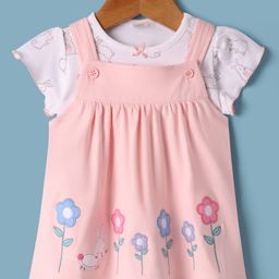 ToffyHouse Cotton Knit Frock & Half Sleeves Inner Tee With Animal Print & Floral Embroidery - Pink-image-44