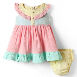 ToffyHouse Cotton Woven Sleeveless Frock With Frill Detailing & Bloomer - Multicolour-image-80