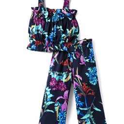 CrayonFlakes Rayon Sleeveless Floral Printed Coordinating Top & Belted Palazzo Set - Navy Blue-image-57