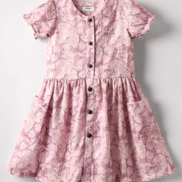melon Cotton Woven Half Puffed Sleeves Frocks With Floral Print - Pink-image-5