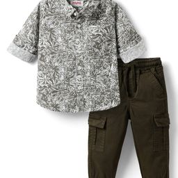 Babyhug Cotton Woven Full Sleeves Shirt & Trouser Set With Leaf Print - Olive Green-image-6