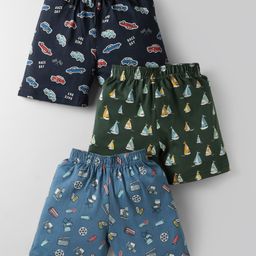 CUCUMBER Sinker Knit Above Knee Length Shorts With Vehicle & Nautical Print Pack of 3 - Dark Green & Navy Blue-image-93