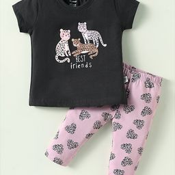 CUCUMBER Cotton Knit Half Sleeves Night Suit with Cheetah Print - Charcoal Grey & Pink-image-76
