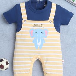 BUMZEE Cotton Half Sleeves Cute Baby Elephant Printed & Striped Romper - Yellow & Navy Blue-image-71