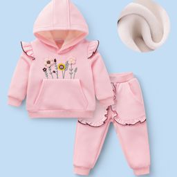 Mark & Mia Full Sleeves Hooded Winter Wear Sweatshirt & Lounge Pant Set with Floral Embroidery - Pink-picture-27
