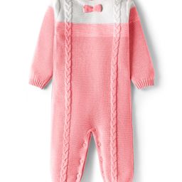 Babyhug Cotton Knit Full Sleeves Winter Wear Romper with Cable Knit Design & Bow Applique - Pink-picture-39