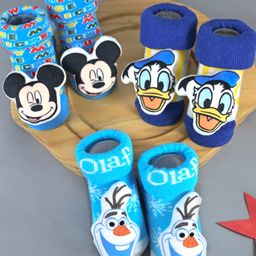 Yellow Bee Disney Pack of 3 Cotton Mickey Mouse, Donald Duck & Olaf Applique Detailed 3D Socks - Multi Color-picture-11
