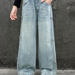 LULU & SKY Girls Wide Leg Mid-Rise Mildly Distressed Heavy Fade Jeans-image-39