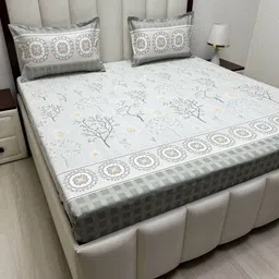 Pure Decor Grey & Beige Floral Printed Pure Cotton 300TC King Bedsheet Set 2.74m x 2.74m-14