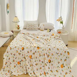 JC HOME Cream-Coloured & Orange Geometric Mild Winter 300 GSM Double Bed Blanket-3