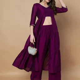 Poshak Hub Tiered Beads and Stones A-Line Kurta with Palazzo-image-1