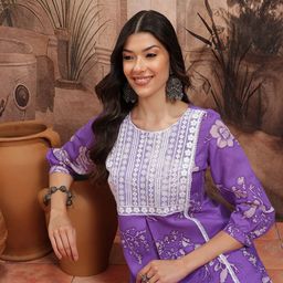 Sangria Floral Print Pleated Thread Work Kurta with Palazzos-picture-6