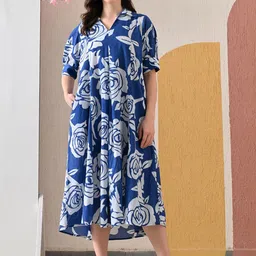 Pinly Women Floral Printed Shirt Collar Puff Sleeves Shift Midi Dress-picture-36