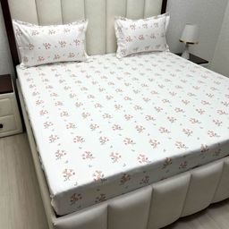 Pure Decor White & Peach-Coloured Floral Queen Bedsheet with 2 Pillow Covers-image-6