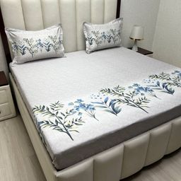 Pure Decor Grey & Blue Floral King Bedsheet with 2 Pillow Covers-picture-32