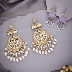 Anouk Set Of 2 Artificial Stones Studded and Beaded Drop Earrings-6