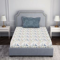 SPACES Blue & Cream-Coloured Floral 144 TC Single Bedsheet with 1 Pillow Covers-image-34