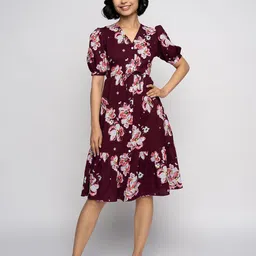 AASK Women Wine Printed Delta Fit and Flare Dress-image-2