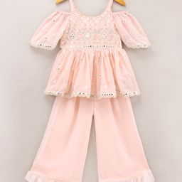 Twisha Half Cold Shoulder Sleeves All Over Floral Embroidered Peplum Kurta With Ruffled Sharara - Baby Pink-image-74