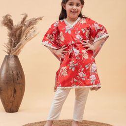 Vastramay Three Fourth Sleeves Floral Printed Kaftan & Pant - Red-image-30