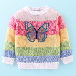 Babyhug 100% Acrylic Knit Full Sleeves Striped Sweater with Butterfly Design - Multicolour-image-36