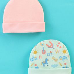 Ben Benny Cotton Knit Solid & Farm Printed Cap Peach & Blue - Diameter 9 cm-picture-10