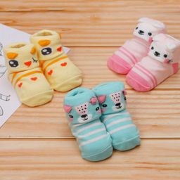 Yellow Bee Pack Of 3 Animal Face & Striped Design Detailed Anti Skid Socks - Pink Yellow  & Aqua Blue-image-78