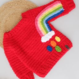 Woonie Handmade Full Sleeves Crochet Rainbow Detailed Sweater - Red-picture-17