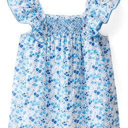 Babyhug Rayon Woven Sleeveless Top with Smocking Floral Print & Frill Detailing - White & Blue-image-39