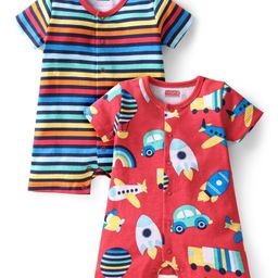 Babyhug 100% Cotton Knit Frill Sleeves Striped & Vehicle Printed Rompers Pack of 2 -  Multicolour-image-88