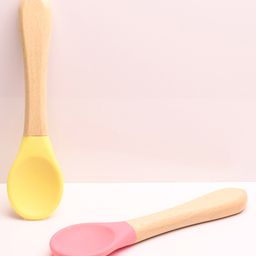 THE LITTLE LOOKERS Silicone Spoon with Bamboo Handle, BPA Free Feeding Spoons for Baby/Kids/Toddlers - Pink & Yellow (Pack of 2)-18