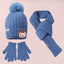 Babyhug Woolen Cap Gloves & Muffler Set Bear Applique - Blue-image-66