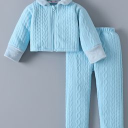 Kookie Kids Full Sleeves Collared Front Zipper Winter Wear Co-Ord Suit With Cable Knit Design - Sky Blue-image-38
