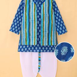 Exclusive from Jaipur Cotton Woven Full Sleeves Kurta Dhoti Set With Jacket & Floral Print - Blue & White-image-96