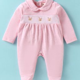 ToffyHouse Interlock Knit Full Sleeves Peter Pan Collared Footed Romper with Bunny Embroidery - Pink-picture-28