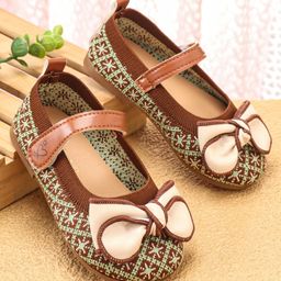 Babyoye Ballerinas with Velcro Closure & Bow Applique - Brown-image-88