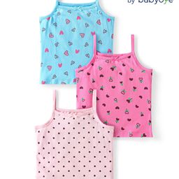 Babyoye Cotton Knit Sleeveless Slips With Heart Print Pack of 3 - Light Blue Dark Pink & Light Pink-image-85