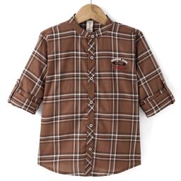 Dapper Dudes Full Sleeves Checked Typography Embroidered Shirt - Brown-image-4