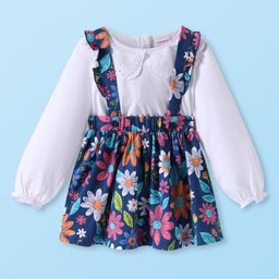 Babyhug Single Jersey Knit Full Sleeves Solid Colour Top & Skirt With Floral Print - White & Navy Blue-image-37
