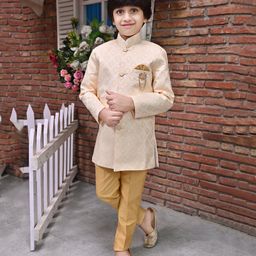 BT DEZINES Full Sleeves Floral Motif Printed Sherwani with Pyjama Set - Tan Brown-5