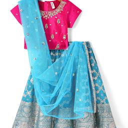 Babyhug Woven Short Sleeves Sequined Embroidered & Foil Floral Printed Choli Lehenga Set with Dupatta & Lace Detailing - Light Blue-image-40