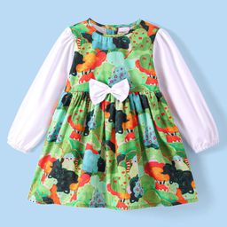 Babyhug Cotton Woven Full Sleeves Printed Frock With Bow Applique - White-image-69