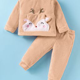 Little Kangaroos Fur Woven Full Sleeves Winter Wear Suits Reindeer Applique - Tan-picture-35