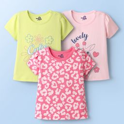 Doodle Poodle 100% Cotton Knit Half Sleeves T-Shirts with Floral Giraffe & Hearts Print Pack of 3 - Lime Green Light & Dark Pink-image-13