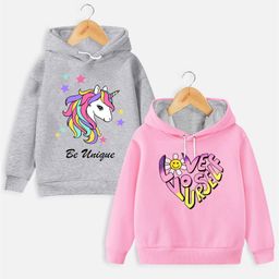 Trampoline Fleece Pack Of 2 Full Sleeves Unicorn & Typography Printed Hooded Sweatshirts - Grey & Pink-picture-6