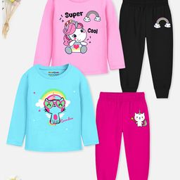 Trampoline Cotton Blend Knit Pack Of 2 Full Sleeves Unicorn & Cats Printed Night Suit Set - Multi Colour-image-60