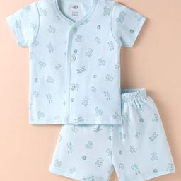 Zero Interlock Knit Half Sleeves Shorts Nightsuit with Bear Print - Sea Green-image-35